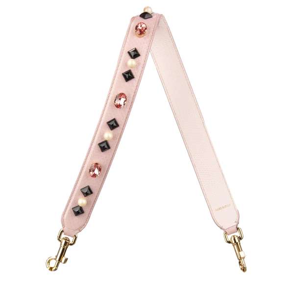 Snake and calf leather bag Strap / Handle with crystals and studs applications in rose pink by DOLCE & GABBANA