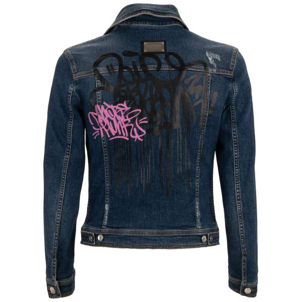 Denim / Jeans jacket with DG metal Logo plate, pockets and logo patch in blue by DOLCE & GABBANA