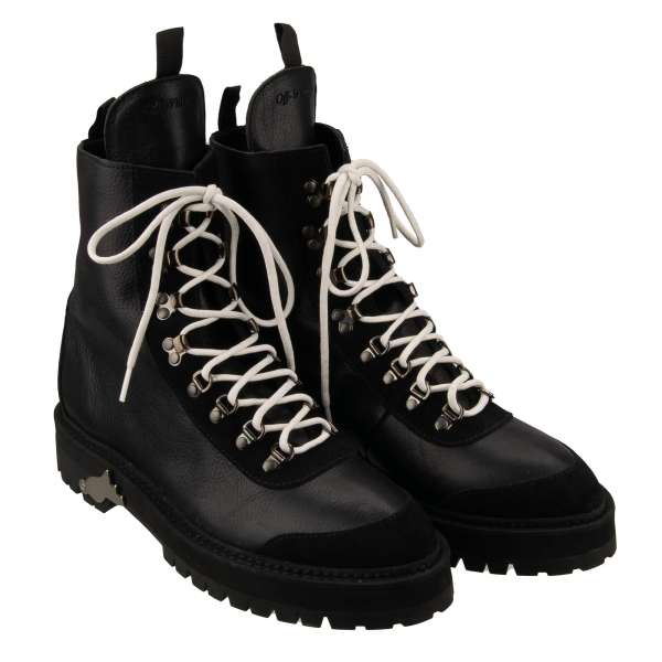 Leather Hiking Boots with Off White logo and metal heel buckle on the sole in black by OFF-WHITE c/o Virgil Abloh