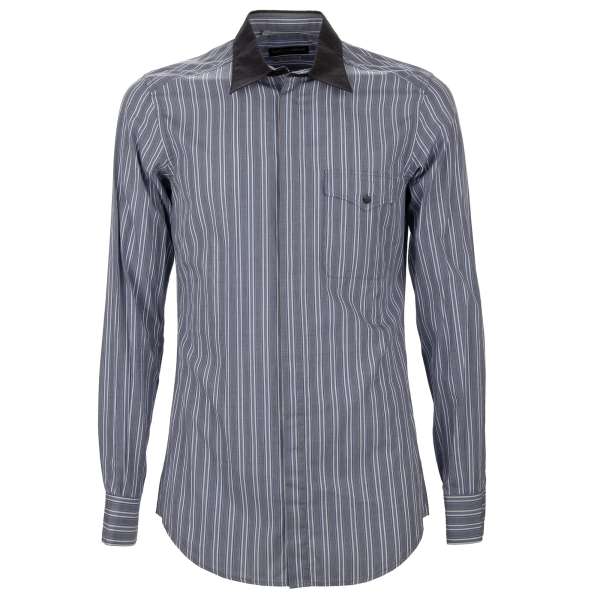 Striped pattern shirt with contrast collar in blue and gray by DOLCE & GABBANA