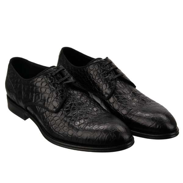 Crocodile printed calf leather derby shoes SICILIA in black by DOLCE & GABBANA