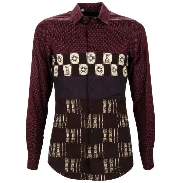 Armor printed patchwork cotton shirt with short collar and cuffs in bordeaux by DOLCE & GABBANA - GOLD Line