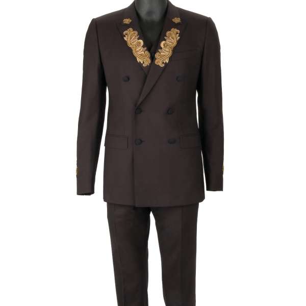 Virgin wool 3 piece double-breasted suit with goldwork pearl embroidery and peak lapel in brown and gold by DOLCE & GABBANA 