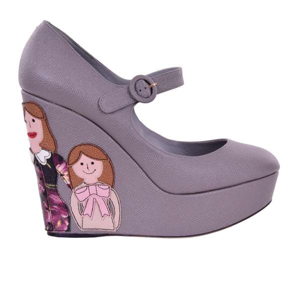 Dauphine leather Wedges / Pumps VALLY with DG FAMILY patches in gray by DOLCE & GABBANA 