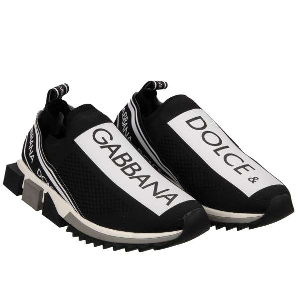 Elastic Slip-On Sneaker SORRENTO for Men with Dolce&Gabbana Logo stripes in black, neon orange and white by DOLCE & GABBANA