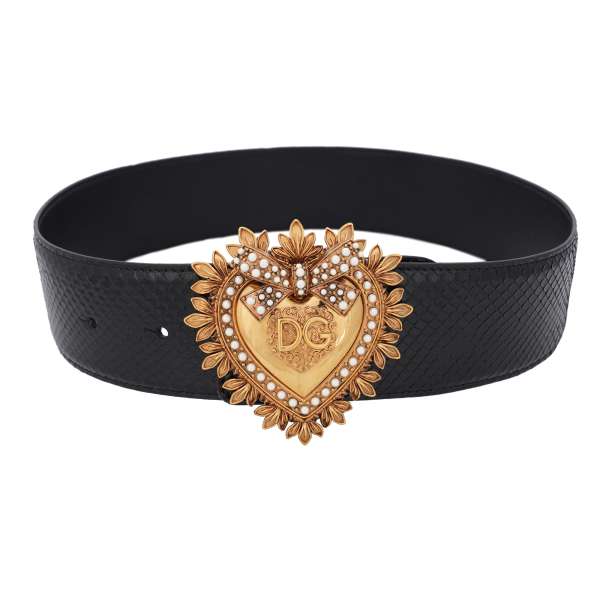 DEVOTION leather and velvet Belt embellished with Pearl Metal Heart in red and gold by DOLCE & GABBANA 