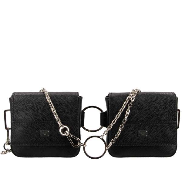 Double shoulder bag / waist bag made of dauphine leather with logo plate and metal chains by DOLCE & GABBANA