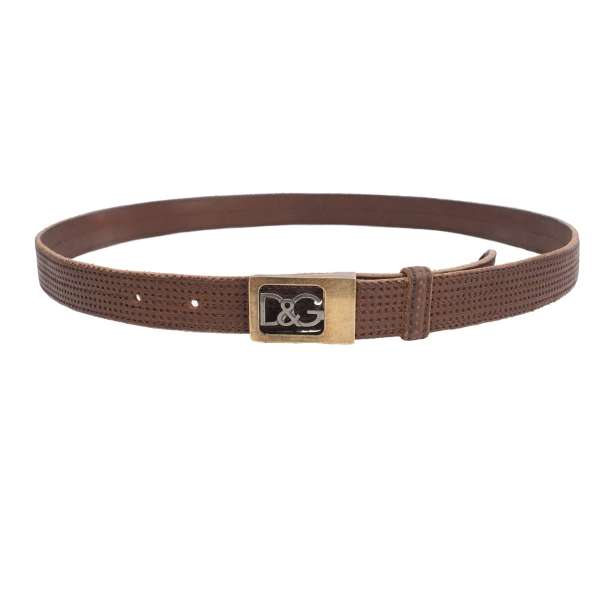 Perforated leather belt with DG Logo metal buckle in brown by DOLCE & GABBANA