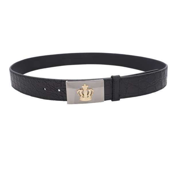 Crocodile Leather belt with silver and gold metal Crown buckle in black by DOLCE & GABBANA