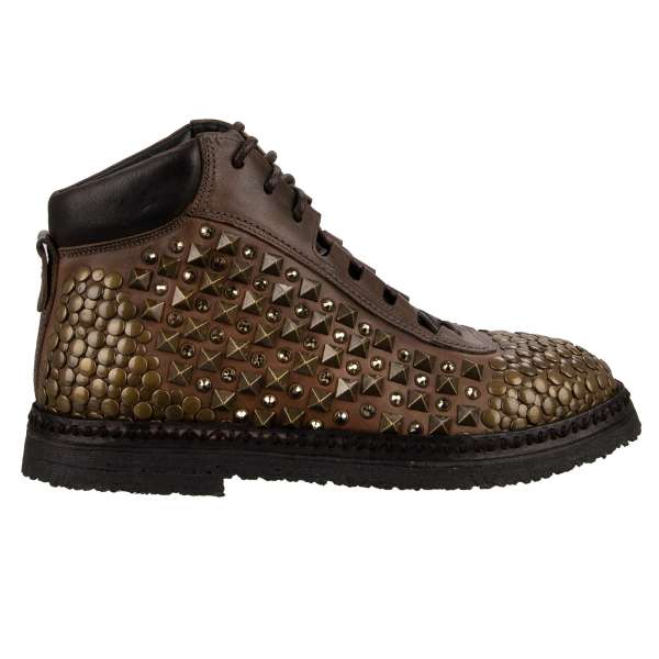  Leather Ankle Boots CORTINA embellished with crystals and studs in brown by DOLCE & GABBANA