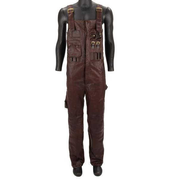 Handmade leather dungarees trousers with multiple large and small pockets and buckles by DOLCE & GABBANA