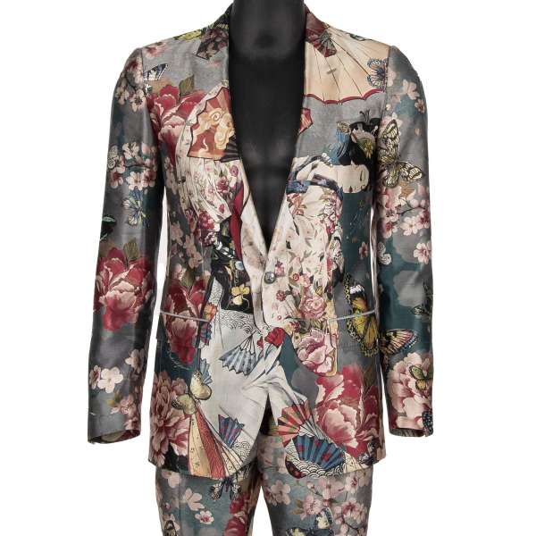 Wild silk suit with Japan motive, cherry blosson and butterflies in pink and blue by DOLCE & GABBANA 