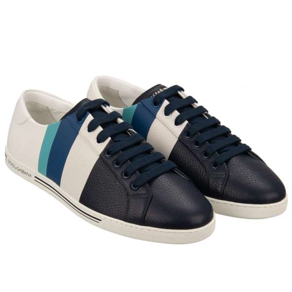 Lace Low Top Leather Sneaker SAINT TROPEZ with DG logo in white and blue by DOLCE & GABBANA