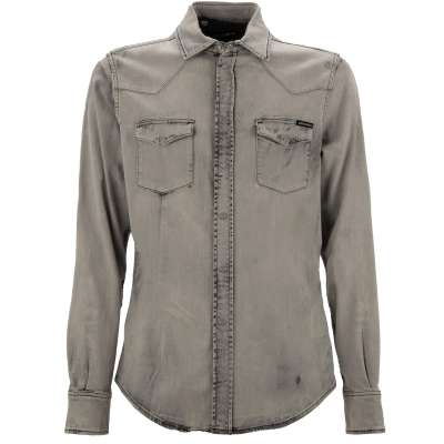 DG Logo Patch Denim Jeans Press Button Jacket Shirt Gray