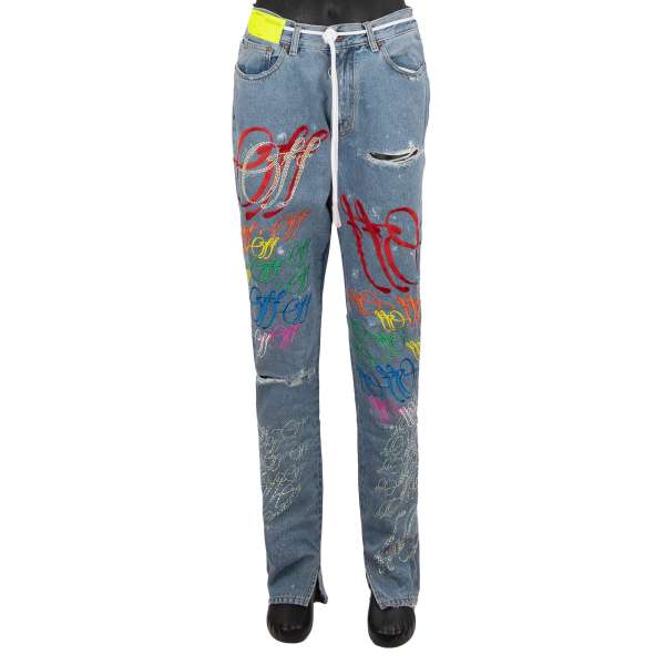 Rare destroyed 5-pockets Jeans from the limited OFF-WHITE x ED BRAVADO Collection with Crystals and multicolor logo embroidery by OFF-WHITE c/o Virgil Abloh