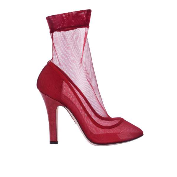 Transparent tulle Pumps with crocodile leather heel in red by DOLCE & GABBANA 