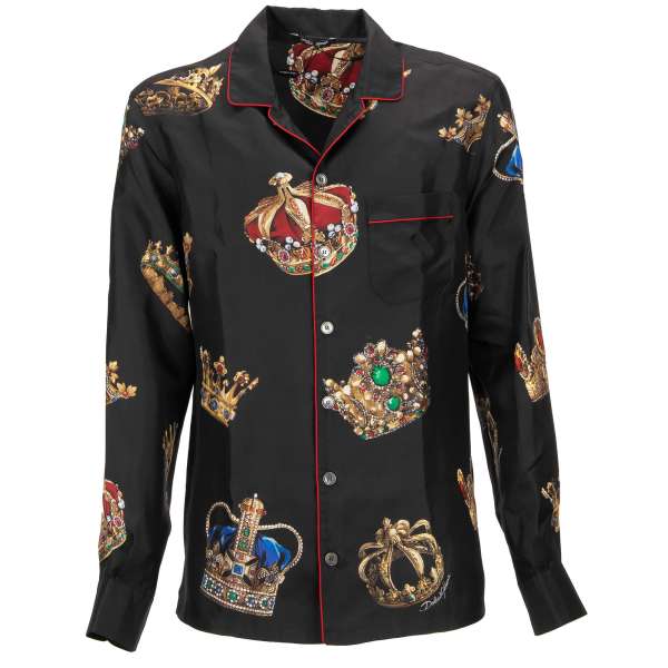 Silk shirt withDG Royal Crown print and front pocket in black by DOLCE & GABBANA