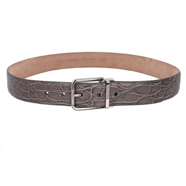 Classic crocodile leather belt with silver metal buckle in gray by DOLCE & GABBANA