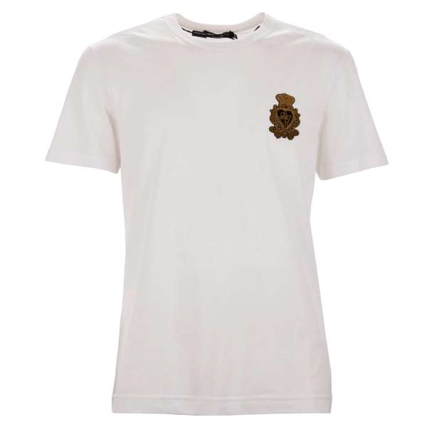 Cotton T-Shirt with Baroque Goldwork Embroidered DG Logo Pearl Crown Patch in white by DOLCE & GABBANA