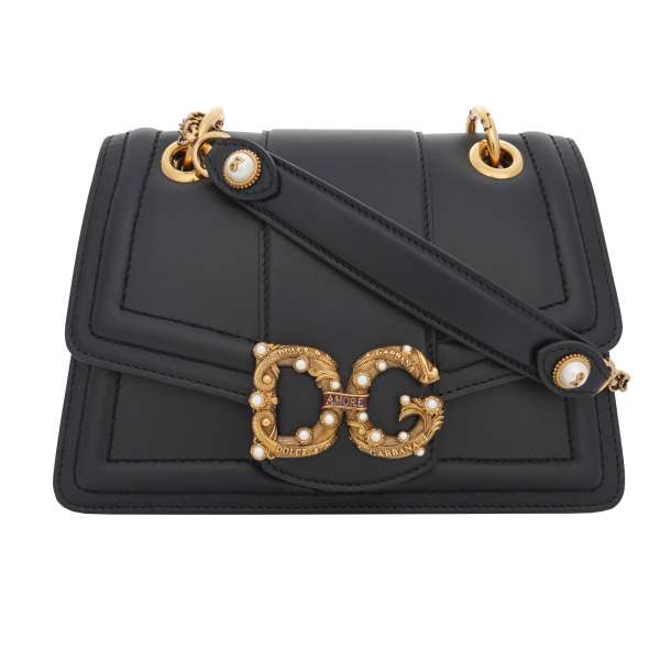 Crossbody Bag / Shoulder Bag DG AMORE made of calf leather with DG vintage brass fastening embellished with pearls and enameled scroll and with structured metal chain strap by DOLCE & GABBANA