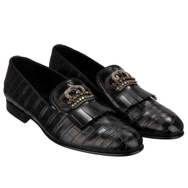 Crocodile leather loafer shoes LUKAS with goldwork technique and crystal embroidered crown in black by DOLCE & GABBANA