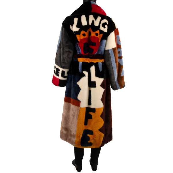 Colorful faux fur patched padded winter Coat with DG KING Crown Royals Love pattern by DOLCE & GABBANA