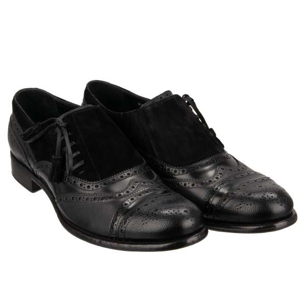 Derby Brogue Schuhe aus Kalbsleder mit dekorativen Elementen und seitlichem Schnürsenkelverschluß in schwarz von DOLCE & GABBANA