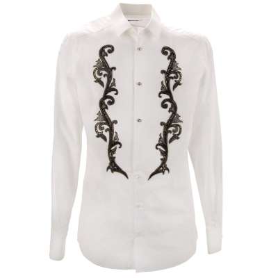 Baroque Pearl Crystal Button Cotton Shirt Gold White 41 M L