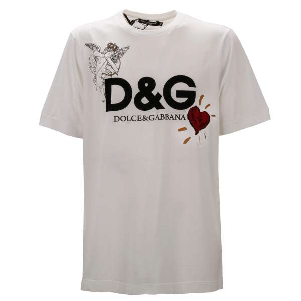 Cotton T-Shirt with D&G Logo, crown angel and heart print in white by DOLCE & GABBANA