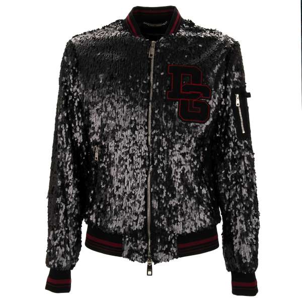 College Jacke mit Pailletten Stickerei und DG Logo Applikation in Rot und Schwarz von DOLCE & GABBANA