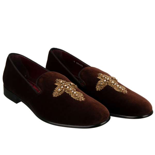 Samt Loafer Schuhe LEONARDO mit besticktem Kristall Perlen und Metallfasern Kreuz in Gold und Braun von DOLCE & GABBANA