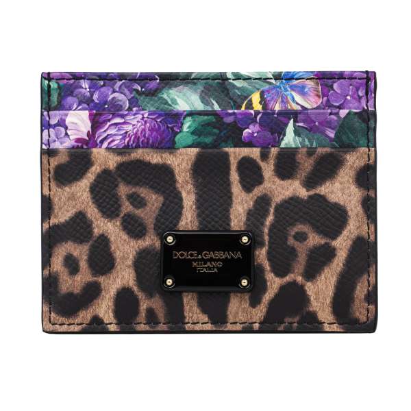 Leopard Print Dauphine leather cards etui wallet with DG logo plate in purple by DOLCE & GABBANA x DJ KHALED