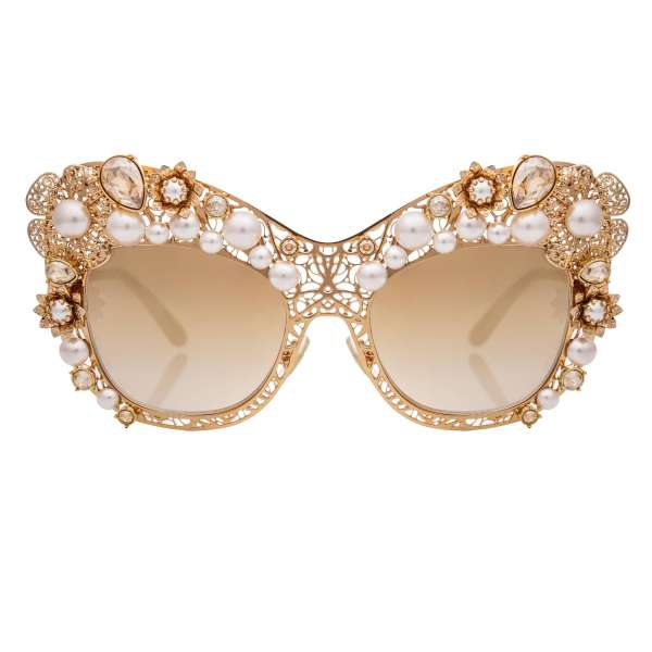 Limited Edition Filigrane Sonnenbrille DG 2188 mit Blumen, Perlen und Kristallen in gold von DOLCE & GABBANA