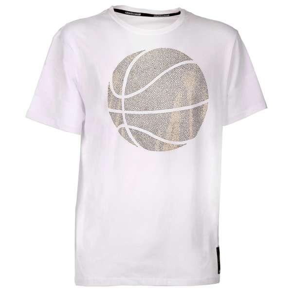 Baumwolle T-Shirt mit Kristall Basketball Ball in Gold und Weiß von ROBERTO CAVALLI