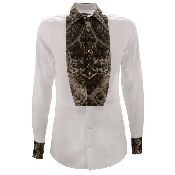 Cotton shirt with baroque jacquard elements and crystal buttons in white by DOLCE & GABBANA  - GOLD Line 