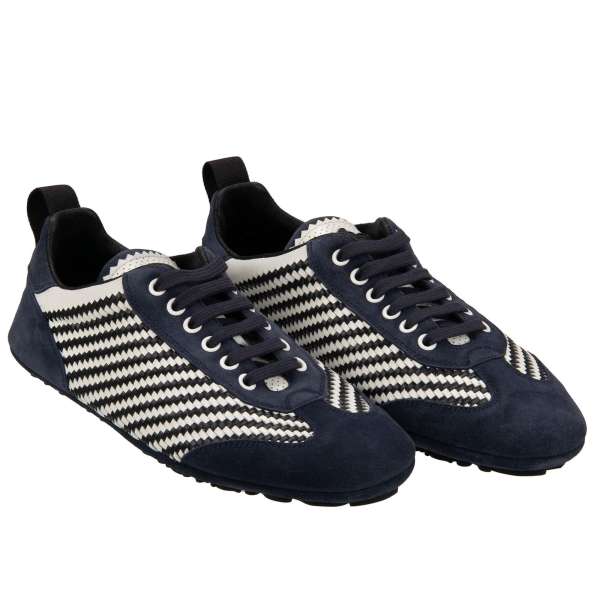 Low-Top leather mix woven Sneaker KING DRIVER with DG Crown logo in blue and white by DOLCE & GABBANA