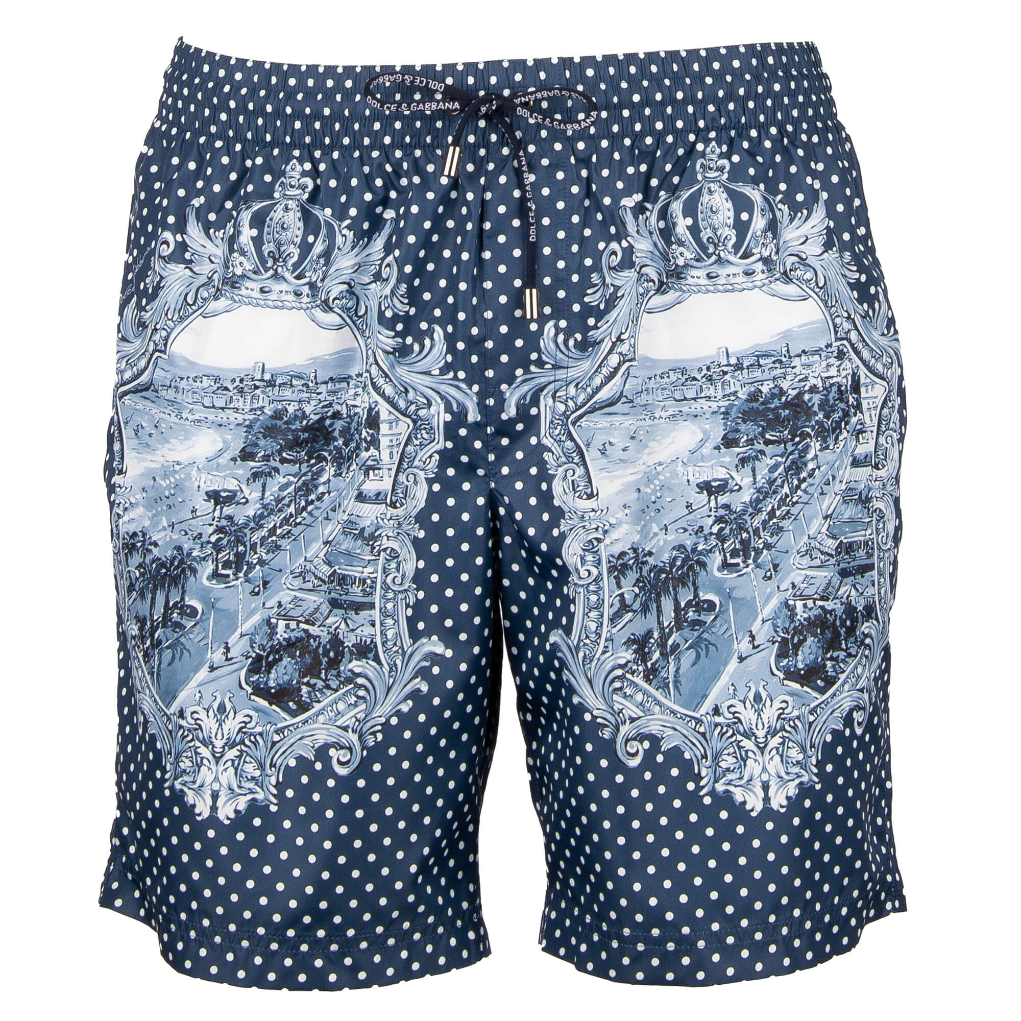 Dolce & Gabbana Polka Dot Beachwear Swim Shorts with Cannes Print Blue 3 S  | FASHION ROOMS