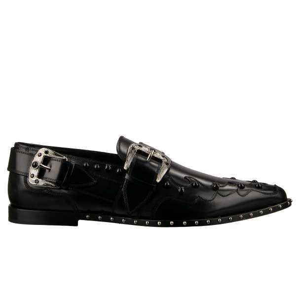 Leather monkstrap derby shoes PARIDE with studded sole, crystals and buckles in black and silver by DOLCE & GABBANA