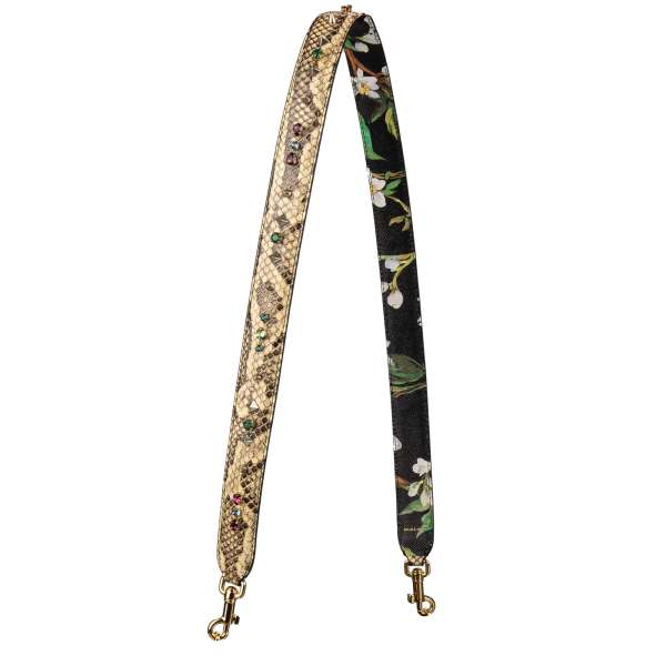 Schlange Leder und Dauphine Orchideen Blumen Print Kalbsleder Schulterriemen für Tasche mit Nieten und Kristallen Applikationen in Beige von DOLCE & GABBANA