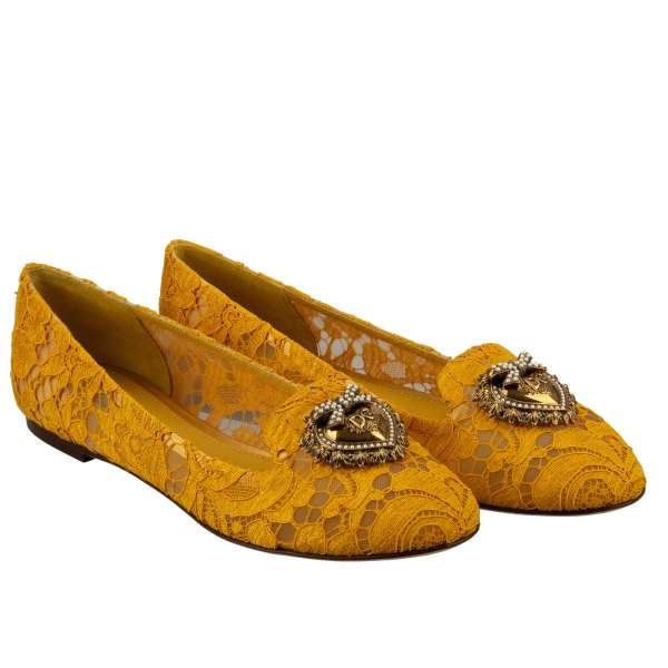 Taormina Floral Lace Flats DEVOTION in yellow with pearl heart brooch by DOLCE & GABBANA