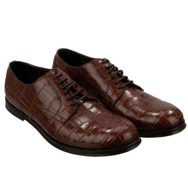 Sehr exklusive und seltene, elegante Derby Schuhe NAPOLI aus Krokodilleder in Braun von DOLCE & GABBANA