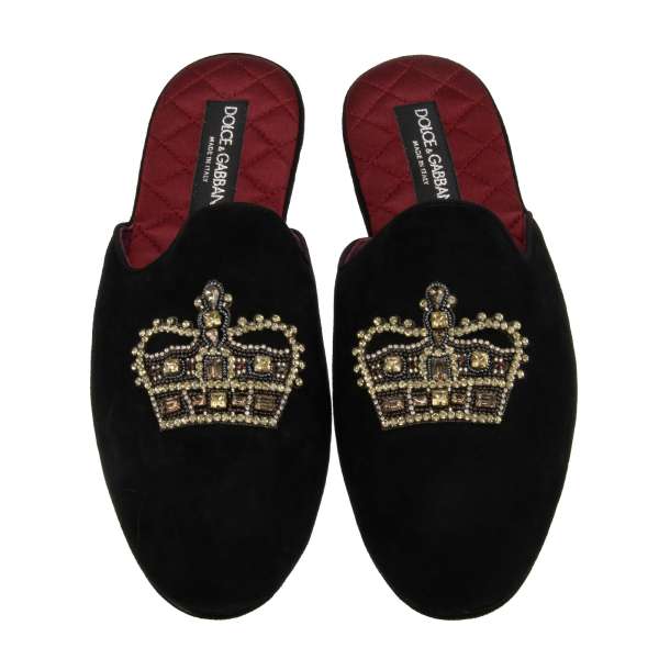 Suede leather slipper shoes MARCELLO with crystal pearl crown embroidery in black by DOLCE & GABBANA