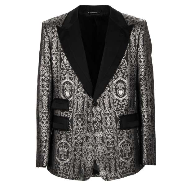 Blazer aus DG Logo Krone Herz Barock Jacquard mit spitzem Revers in Silber und Schwarz von DOLCE & GABBANA