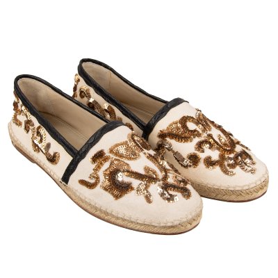 Dolce Gabbana Pearl Sequins Linen Espadrilles Shoes TREMITI Beige 45 UK 12 FASHION ROOMS