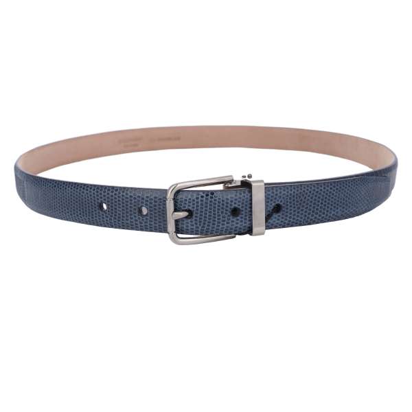 Lizard Leather belt with metal buckle in blue by DOLCE & GABBANA