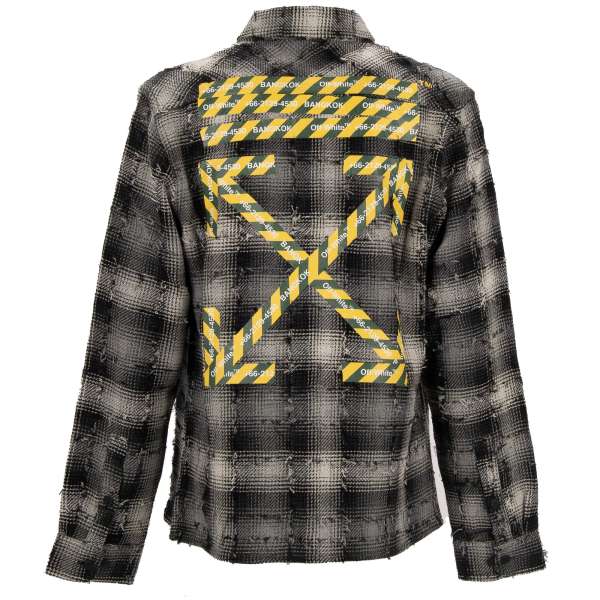 Wool Flannel checked Shirt Jacket from the limited Bangkok Collection with destroyed design, pockets and large yellow construction site logo patch at the back by OFF-WHITE c/o Virgil Abloh