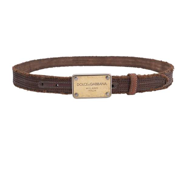 Vintage Style perforated leather and cotton belt with DG Logo metal buckle in brown by DOLCE & GABBANA