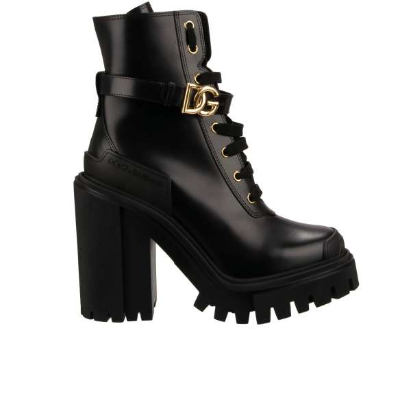 Leather Boots TREKKING BIKER with DG Logo golden buckle in black by DOLCE & GABBANA