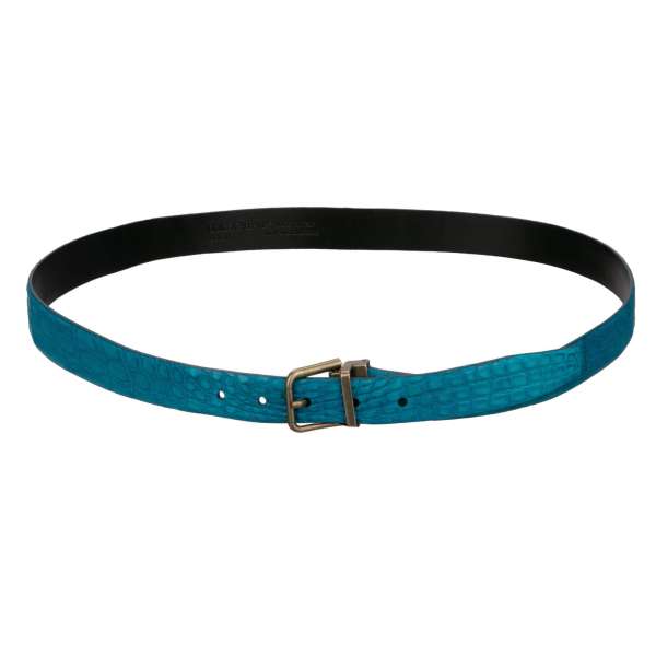 Crocodile Leather belt with metal buckle in turquoise blue and antique gold by DOLCE & GABBANA