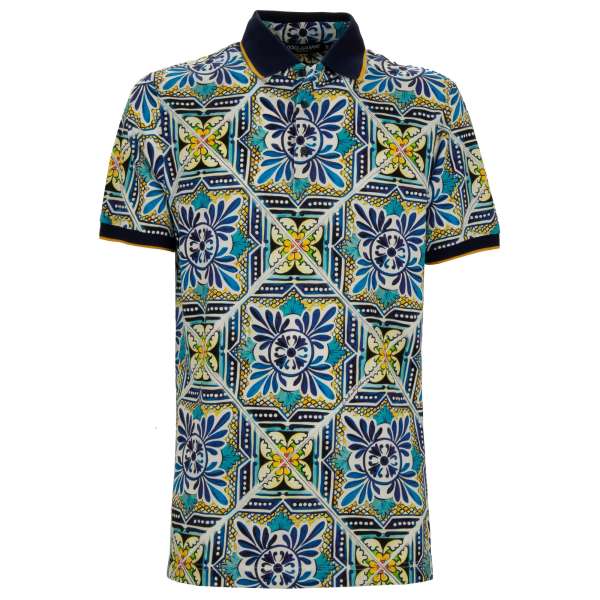 Cotton Polo Shirt with Majolica print in blue, yellow and white by DOLCE & GABBANA